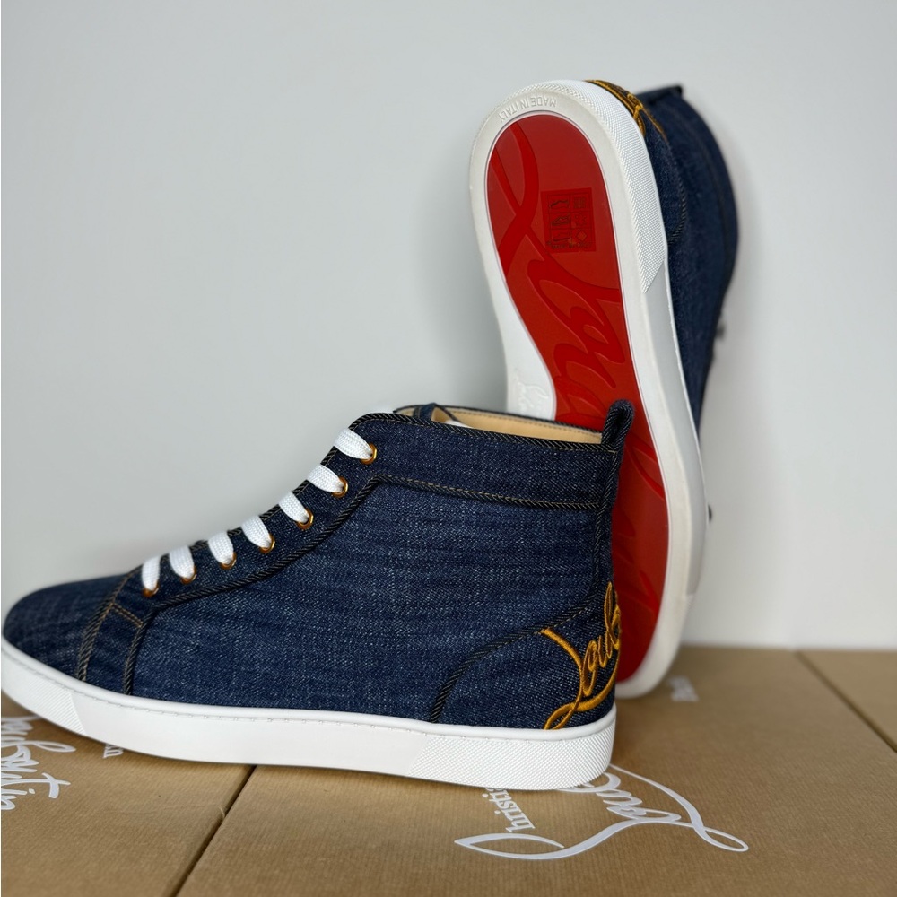 Authentic Christian Louboutin Fun Louis Flat Denim High Top Sneakers